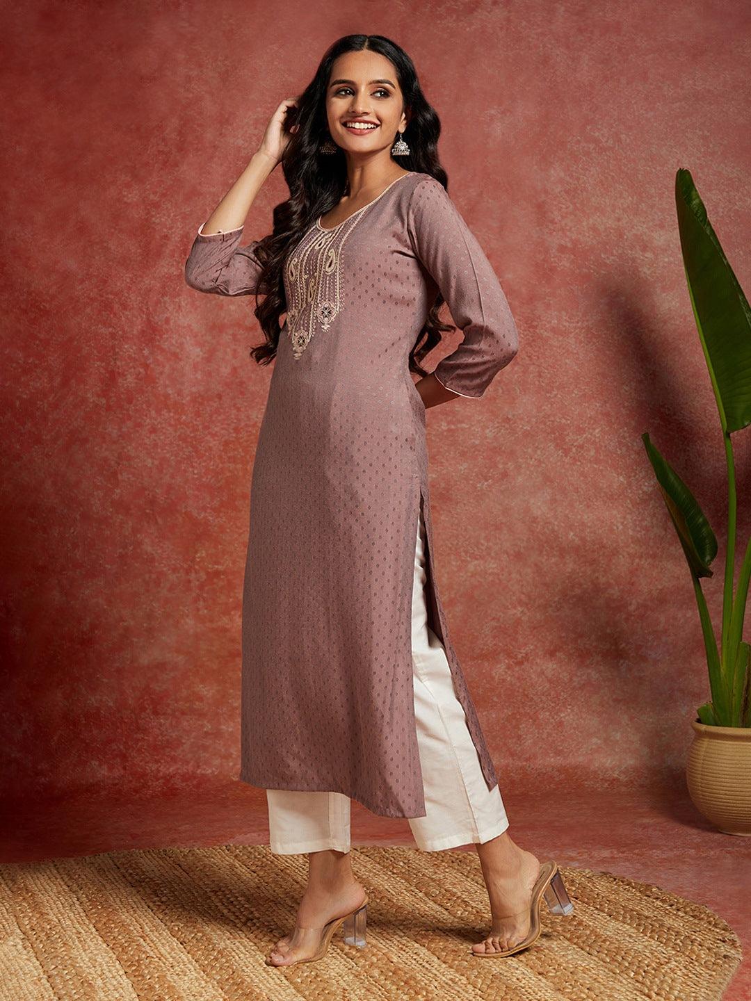 Mauve Woven Design Rayon Straight Kurta - Libas