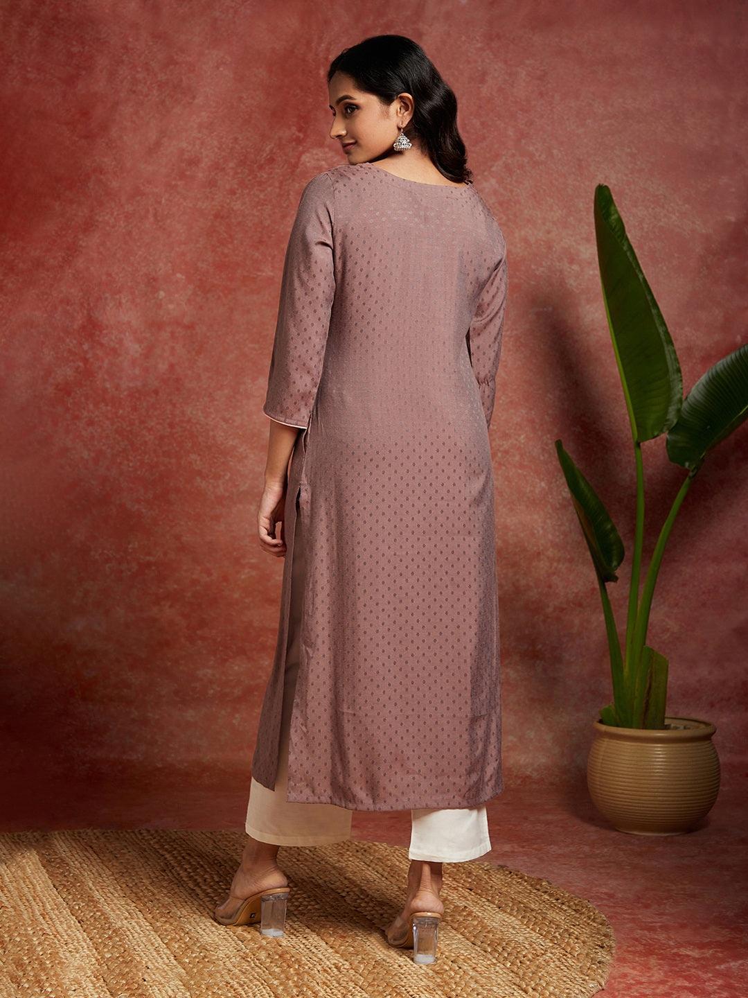 Mauve Woven Design Rayon Straight Kurta - Libas