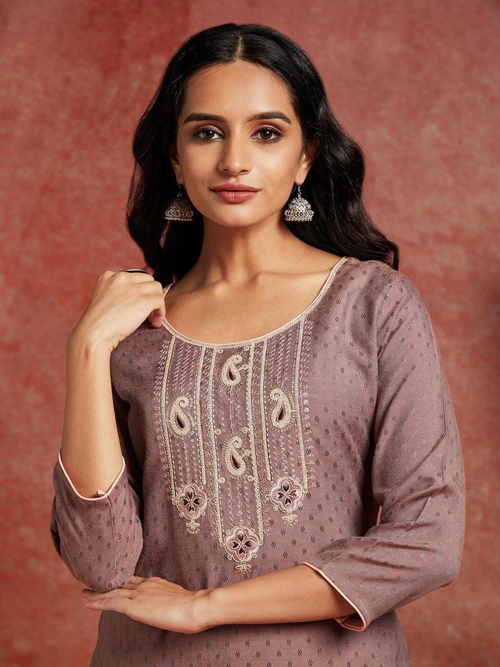 Mauve Woven Design Rayon Straight Kurta - Libas