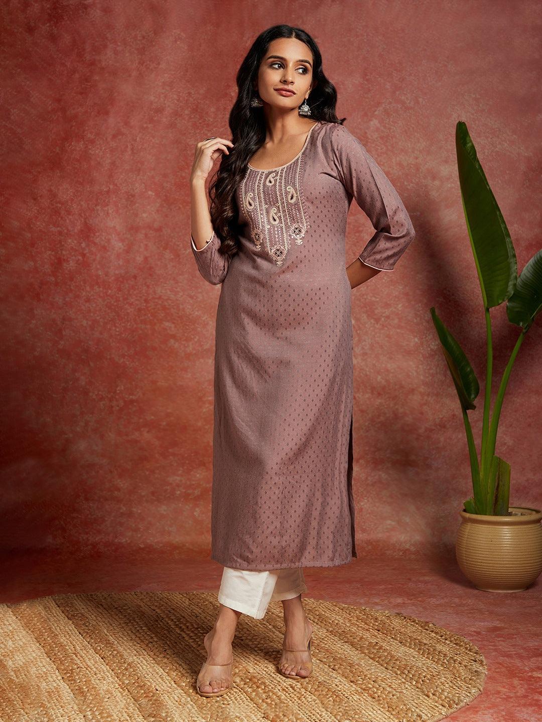 Mauve Woven Design Rayon Straight Kurta - Libas