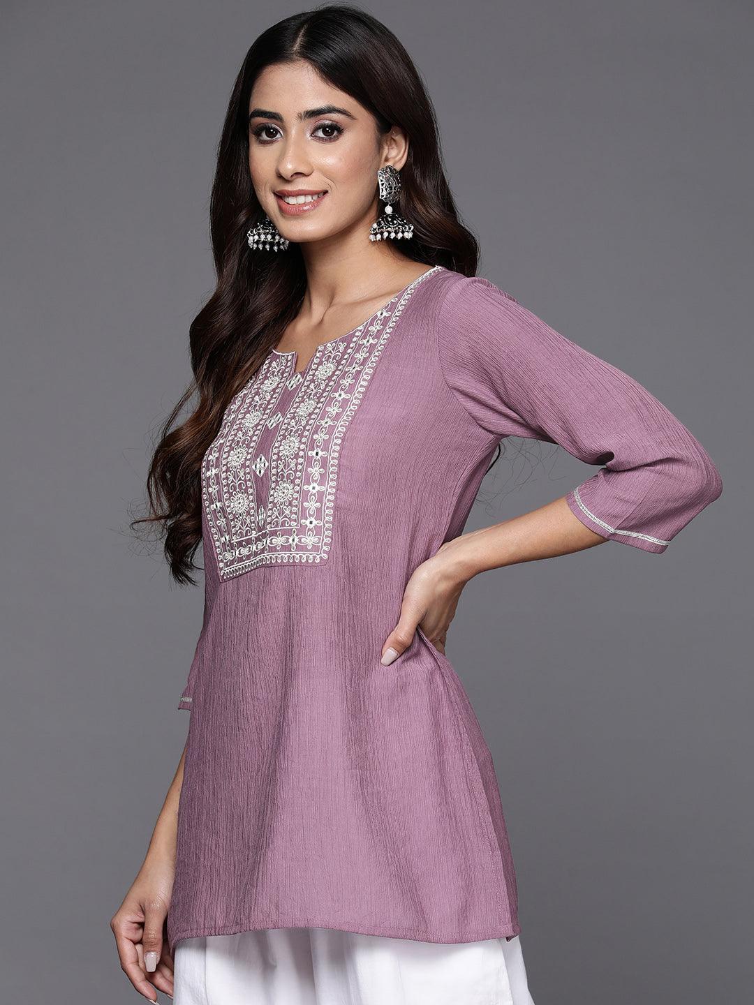 Mauve Yoke Design Cotton Blend Straight Kurti - Libas