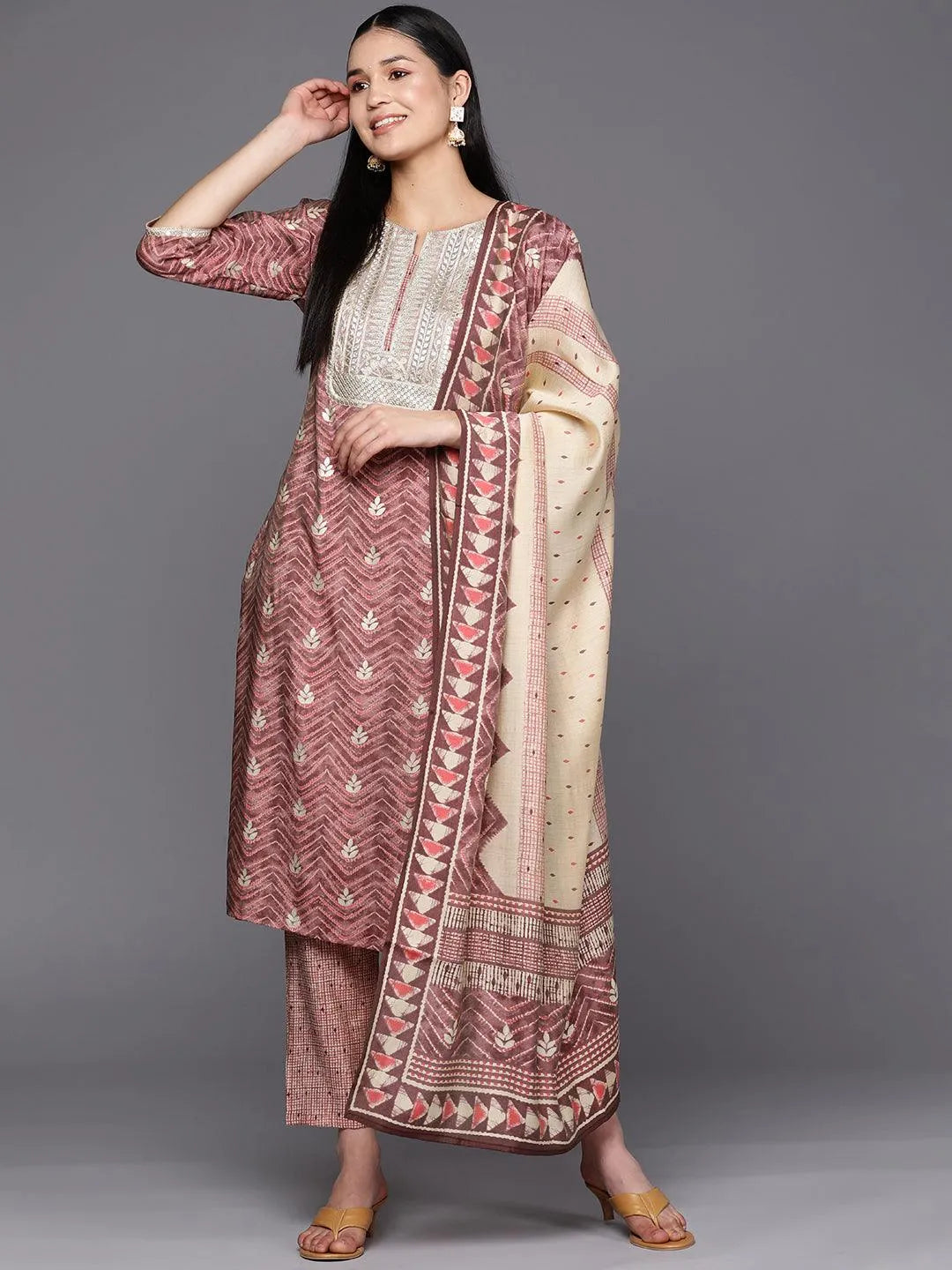 

Mauve Yoke Design Silk Blend Straight Kurta With Trousers & Dupatta