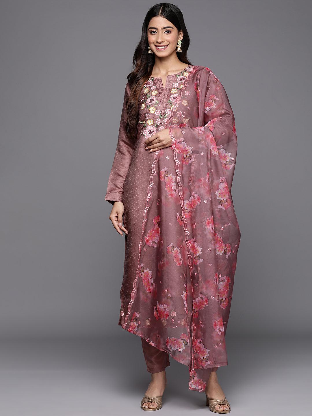 Mauve Yoke Design Silk Blend Straight Suit Set With Trousers - Libas 