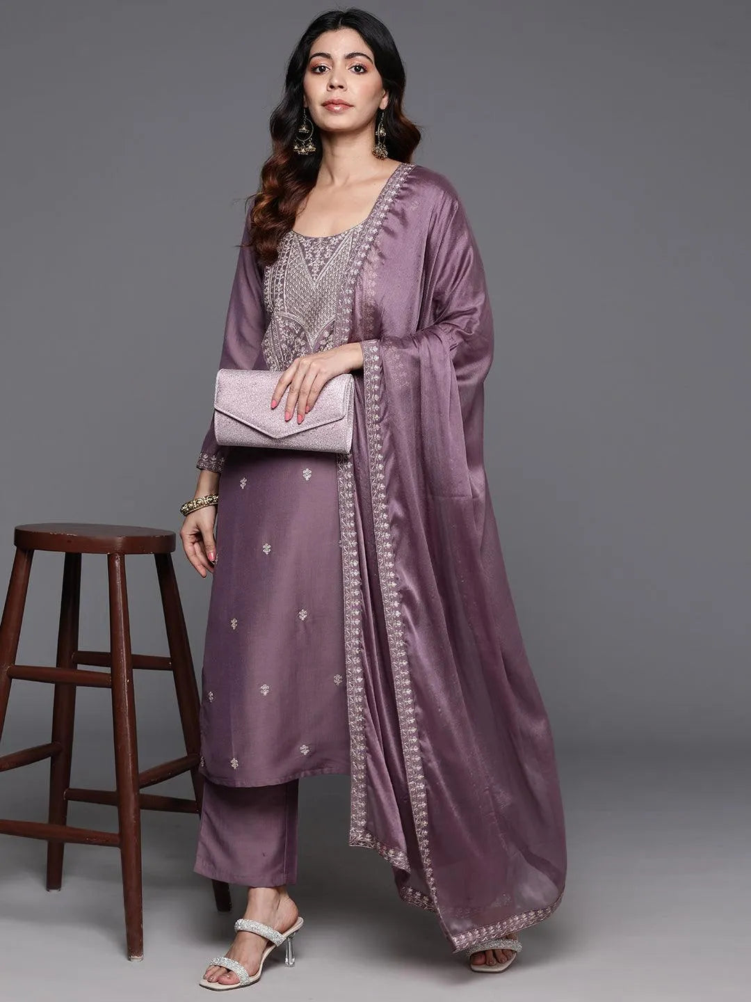 Mauve Yoke Design Silk Blend Straight Suit With Dupatta - Libas