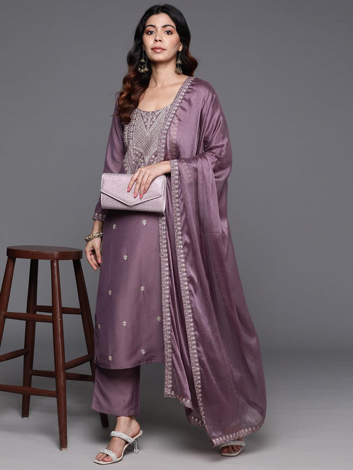 Mauve Yoke Design Silk Blend Straight Suit With Dupatta - Libas