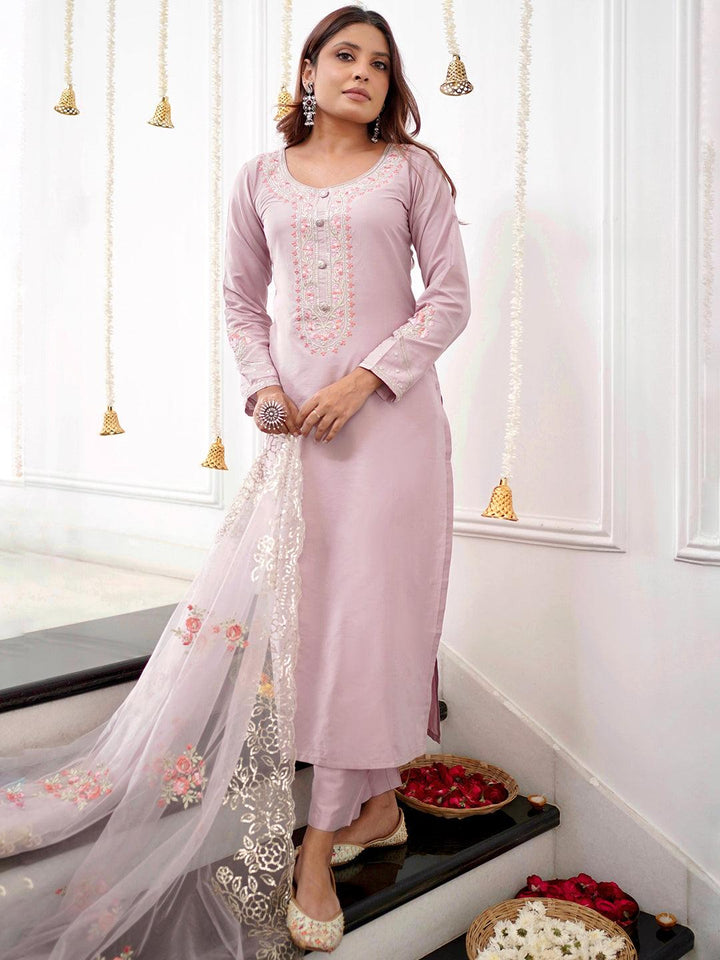 Mauve Yoke Design Silk Blend Straight Kurta With Trousers & Dupatta - Libas