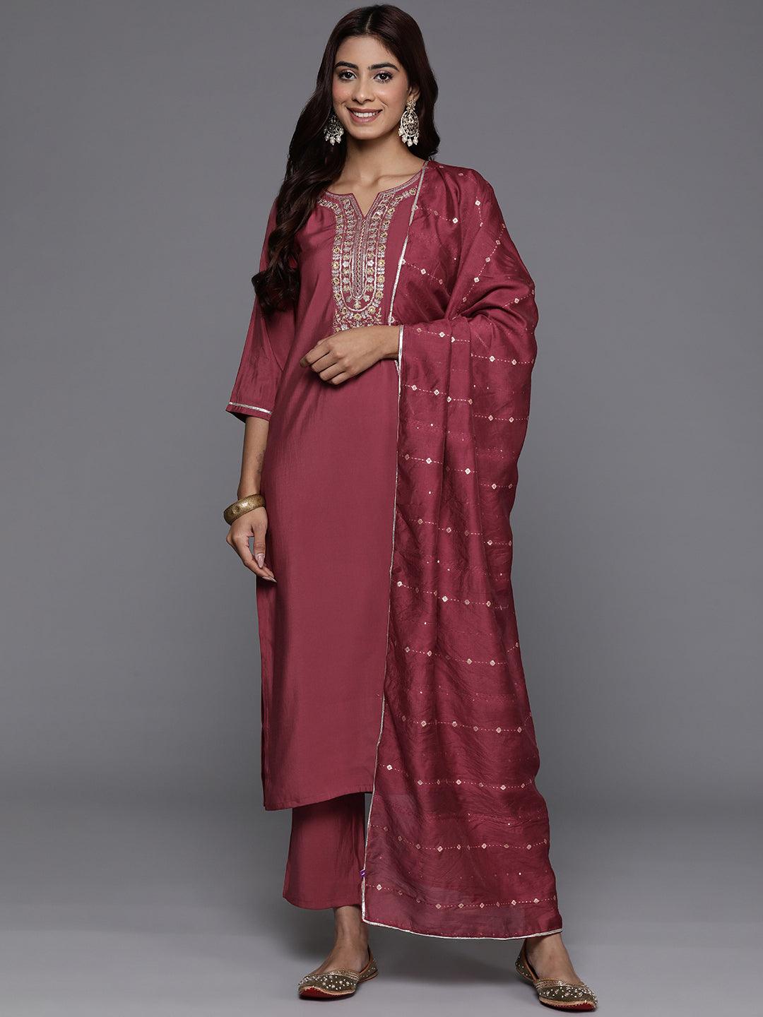 Mauve Yoke Design Silk Blend Straight Kurta With Trousers & Dupatta - Libas