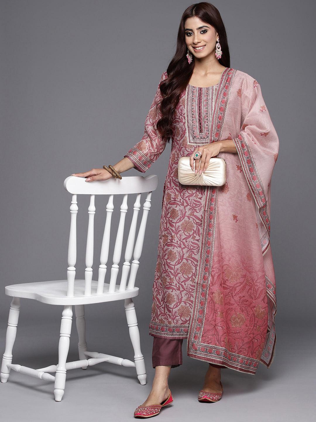 Mauve Yoke Design Silk Blend Straight Kurta With Trousers & Dupatta - Libas