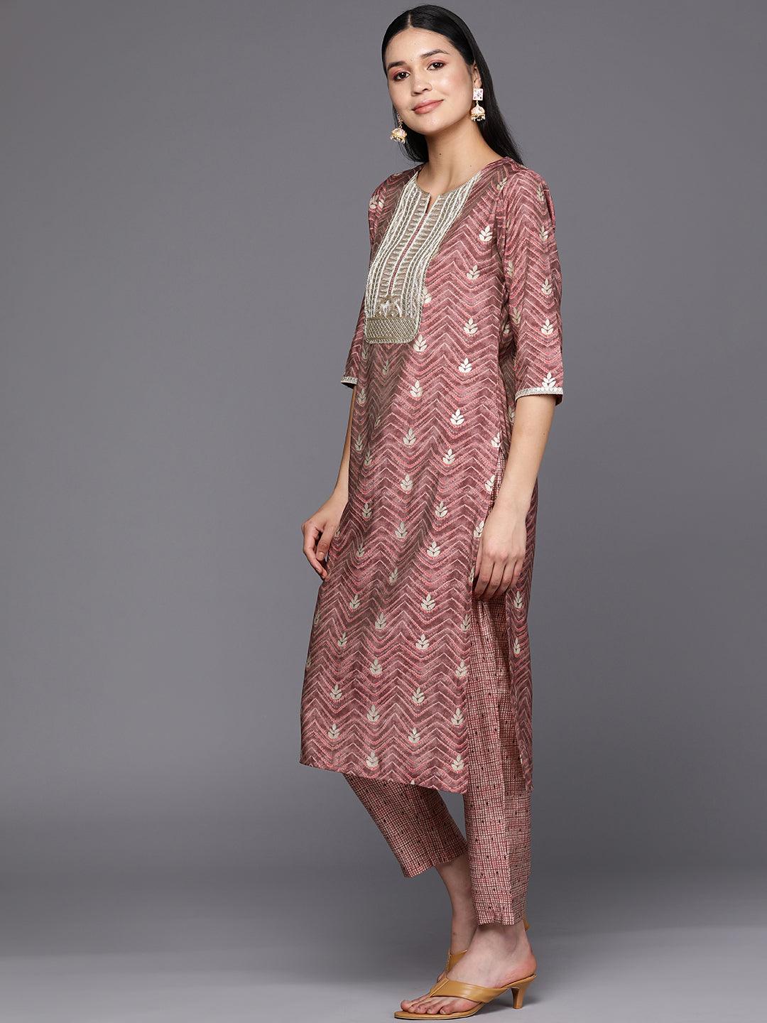 Mauve Yoke Design Silk Blend Straight Suit Set With Trousers - Libas 