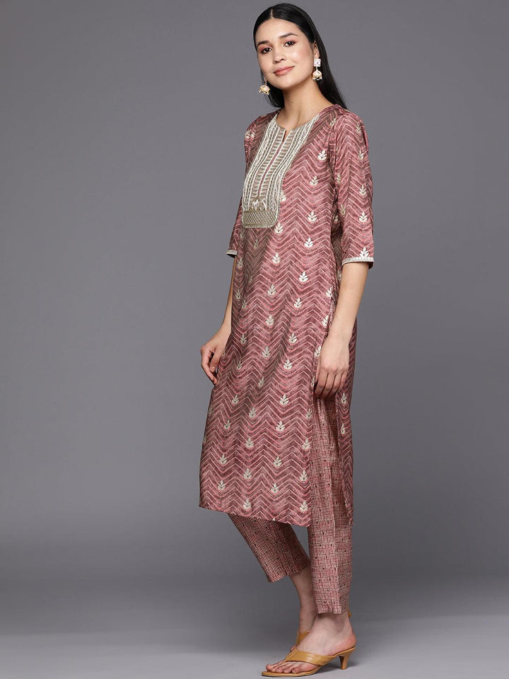 Mauve Yoke Design Silk Blend Straight Suit Set With Trousers - Libas