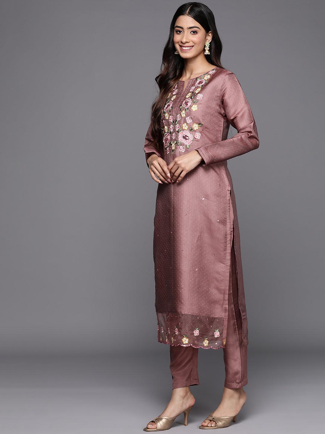 Mauve Yoke Design Silk Blend Straight Suit Set With Trousers - Libas