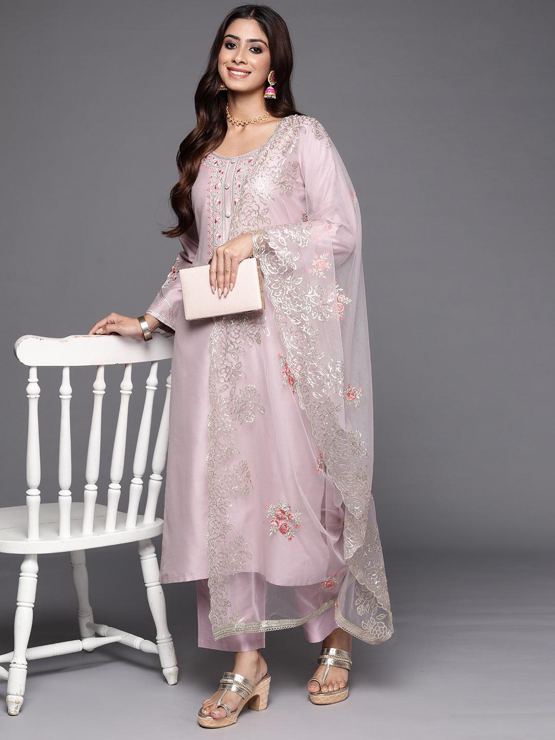 Mauve Yoke Design Silk Blend Straight Kurta With Trousers & Dupatta - Libas