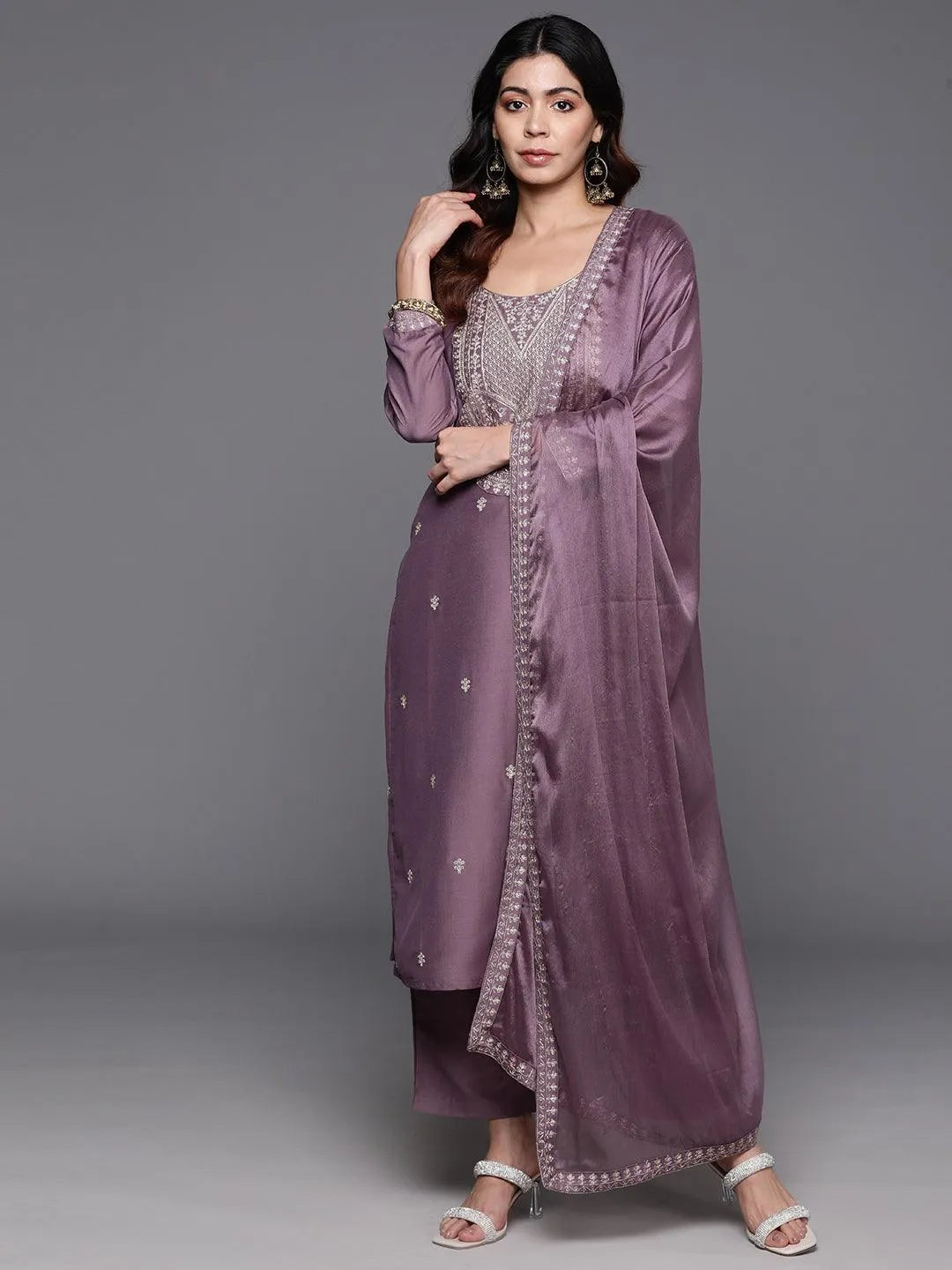 Mauve Yoke Design Silk Blend Straight Suit With Dupatta - Libas