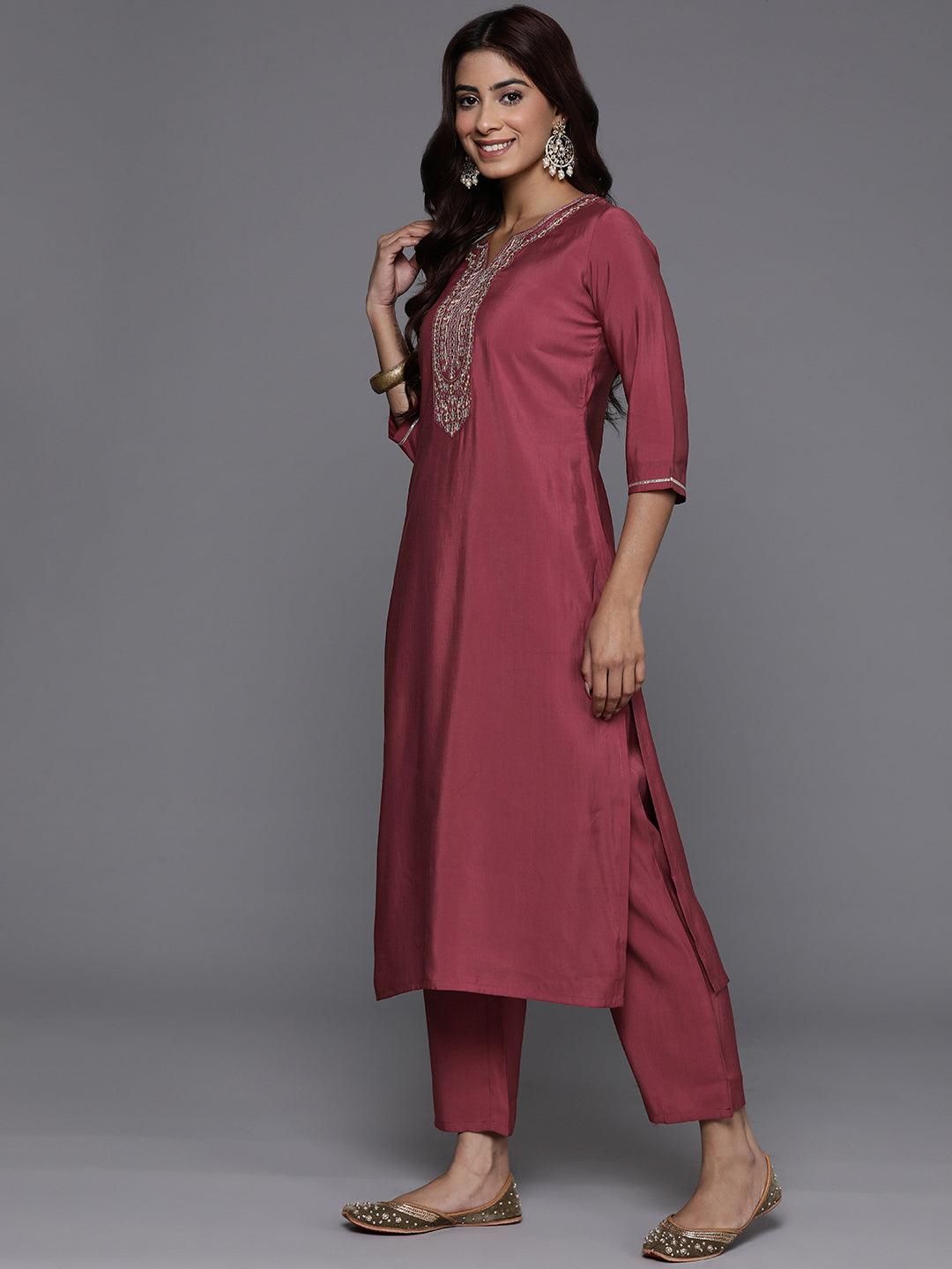 Mauve Yoke Design Silk Blend Straight Kurta With Trousers & Dupatta - Libas