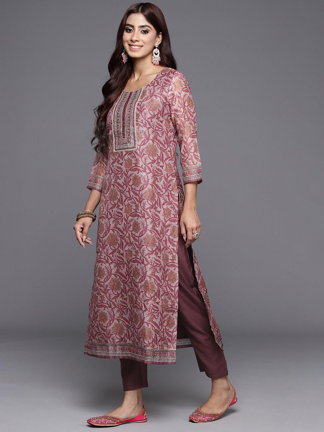 Mauve Yoke Design Silk Blend Straight Kurta With Trousers & Dupatta - Libas