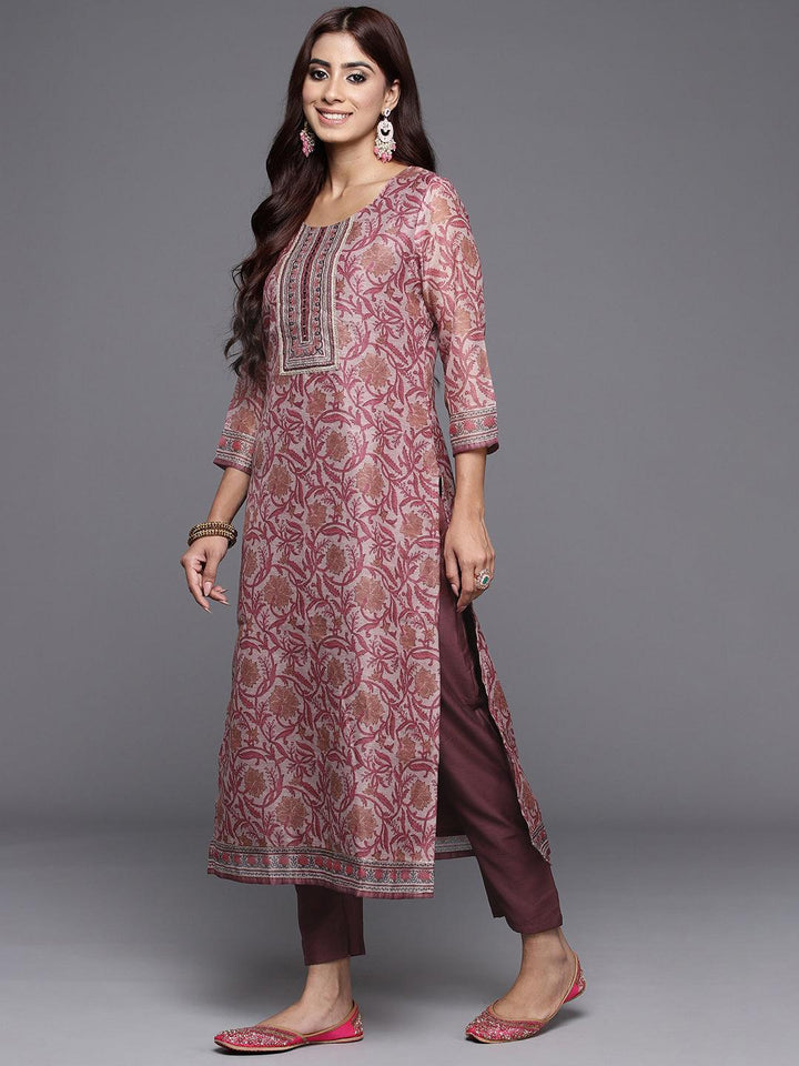 Mauve Yoke Design Silk Blend Straight Kurta With Trousers & Dupatta - Libas