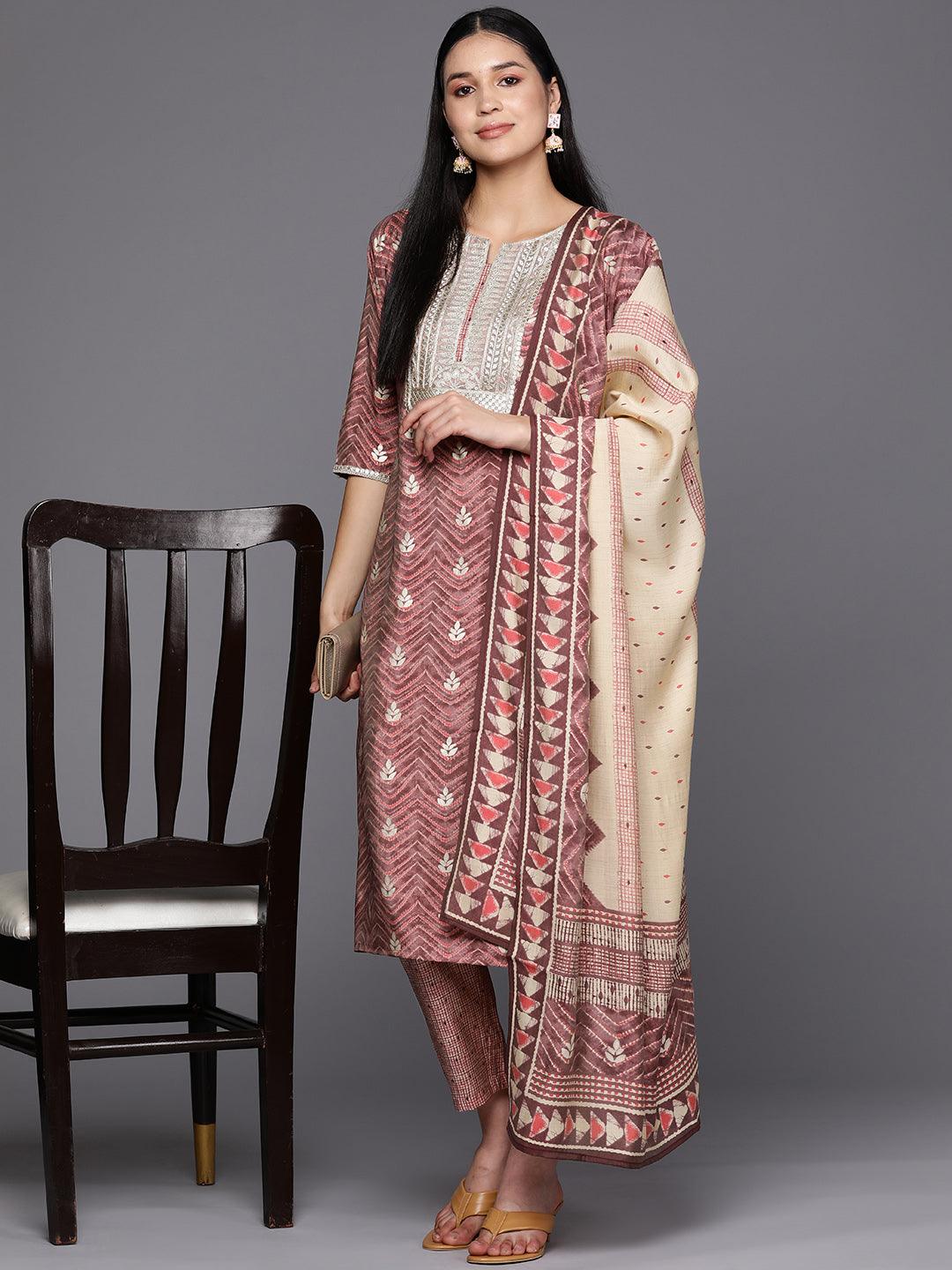 Mauve Yoke Design Silk Blend Straight Suit Set With Trousers - Libas 