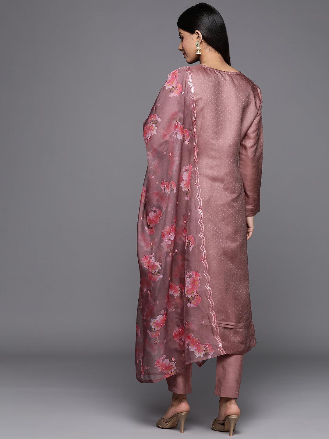 Mauve Yoke Design Silk Blend Straight Suit Set With Trousers - Libas 