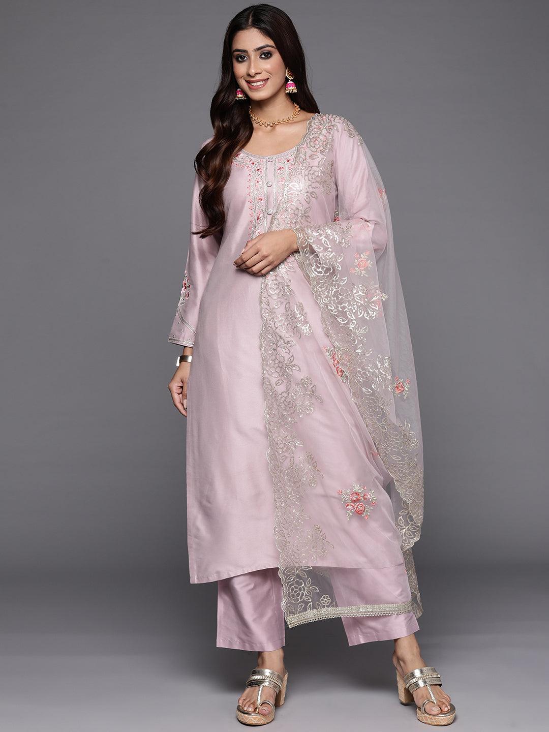 Mauve Yoke Design Silk Blend Straight Kurta With Trousers & Dupatta - Libas