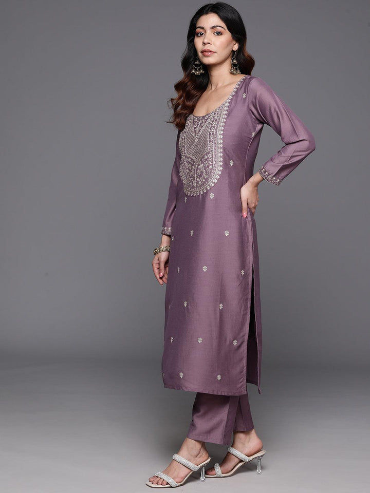 Mauve Yoke Design Silk Blend Straight Suit With Dupatta - Libas