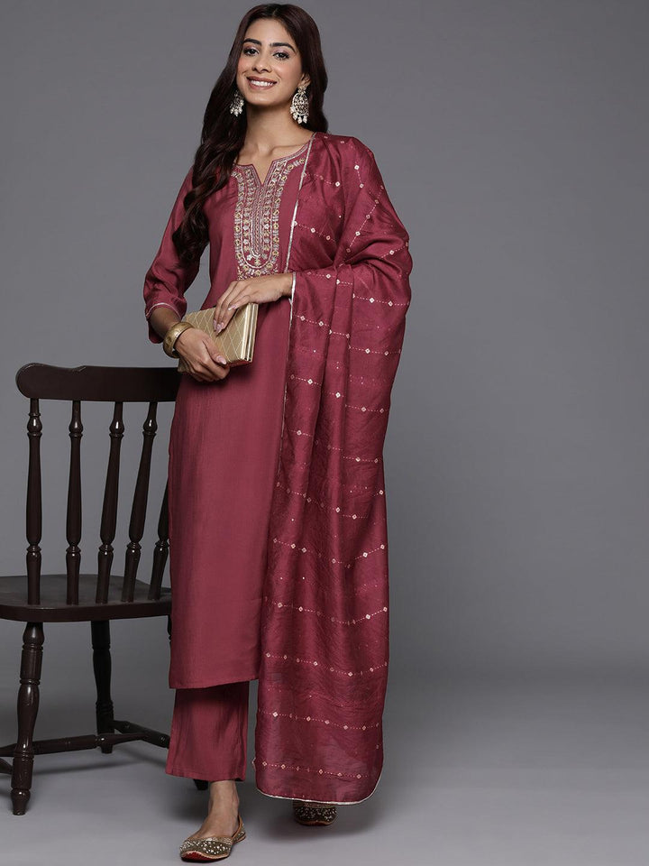 Mauve Yoke Design Silk Blend Straight Kurta With Trousers & Dupatta - Libas