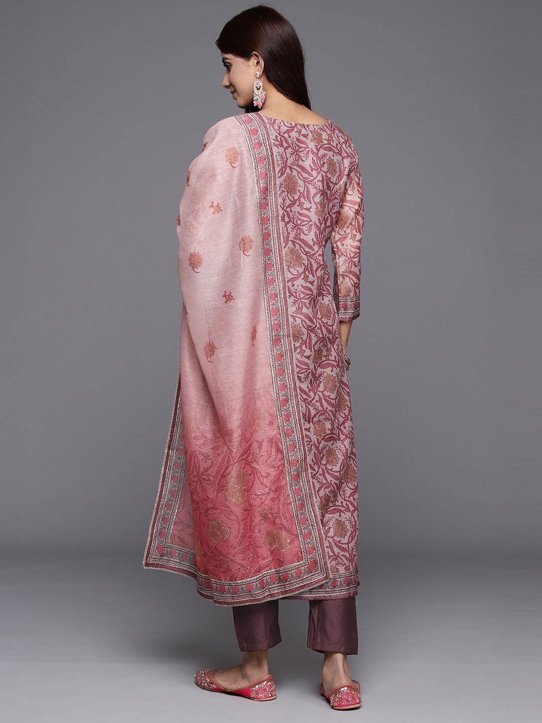 Mauve Yoke Design Silk Blend Straight Kurta With Trousers & Dupatta - Libas 