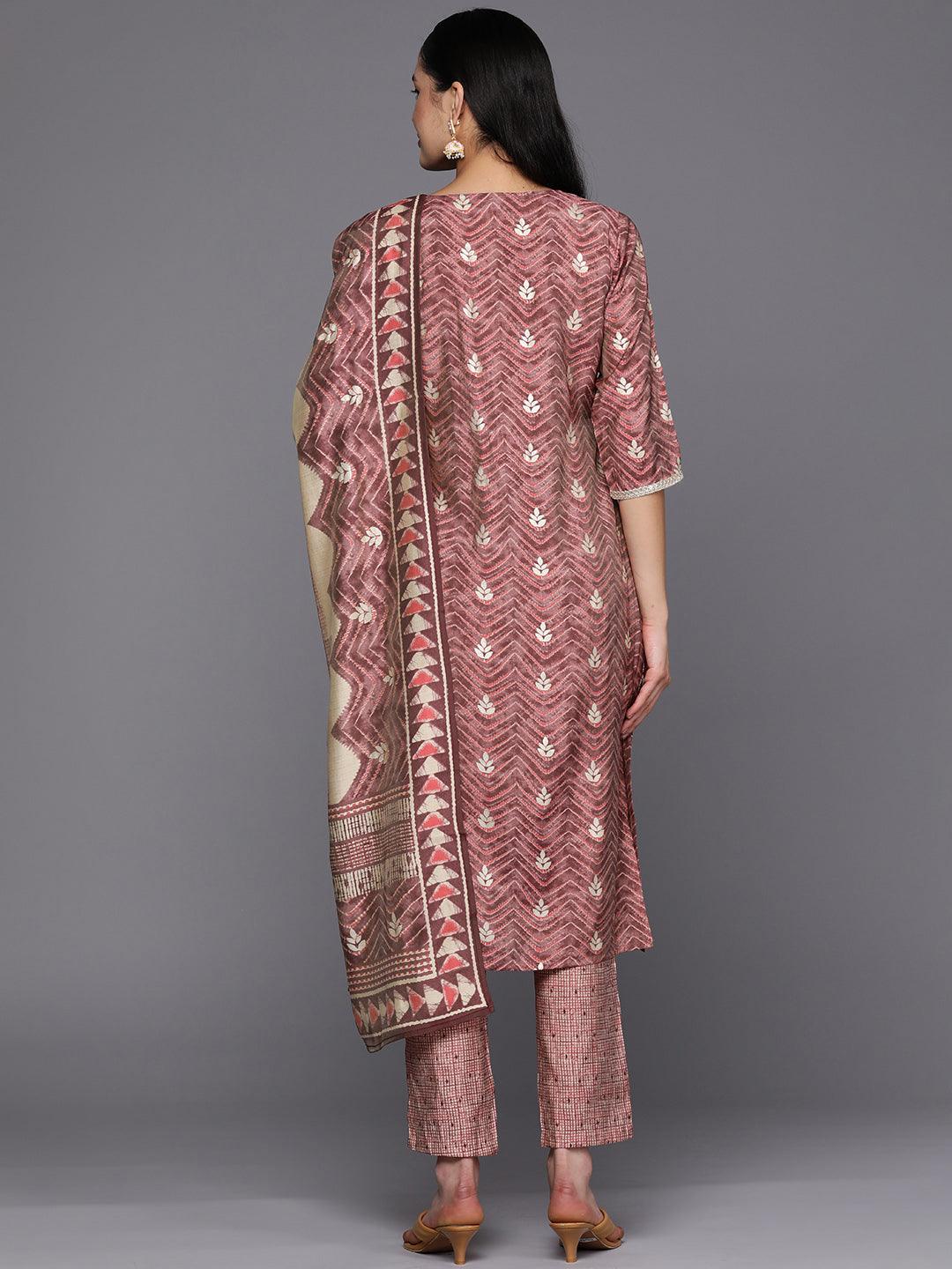 Mauve Yoke Design Silk Blend Straight Suit Set With Trousers - Libas 