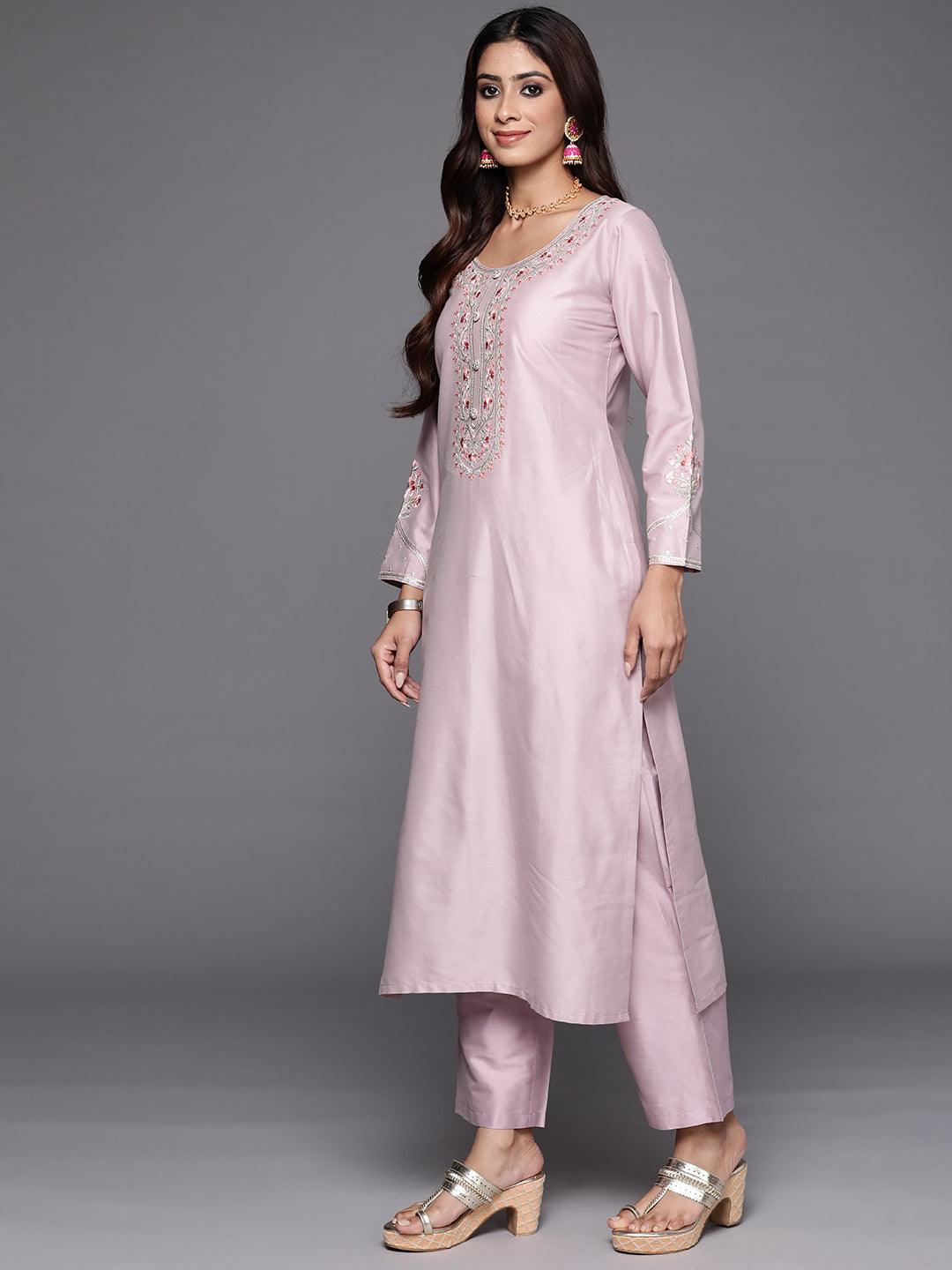 Mauve Yoke Design Silk Blend Straight Kurta With Trousers & Dupatta - Libas