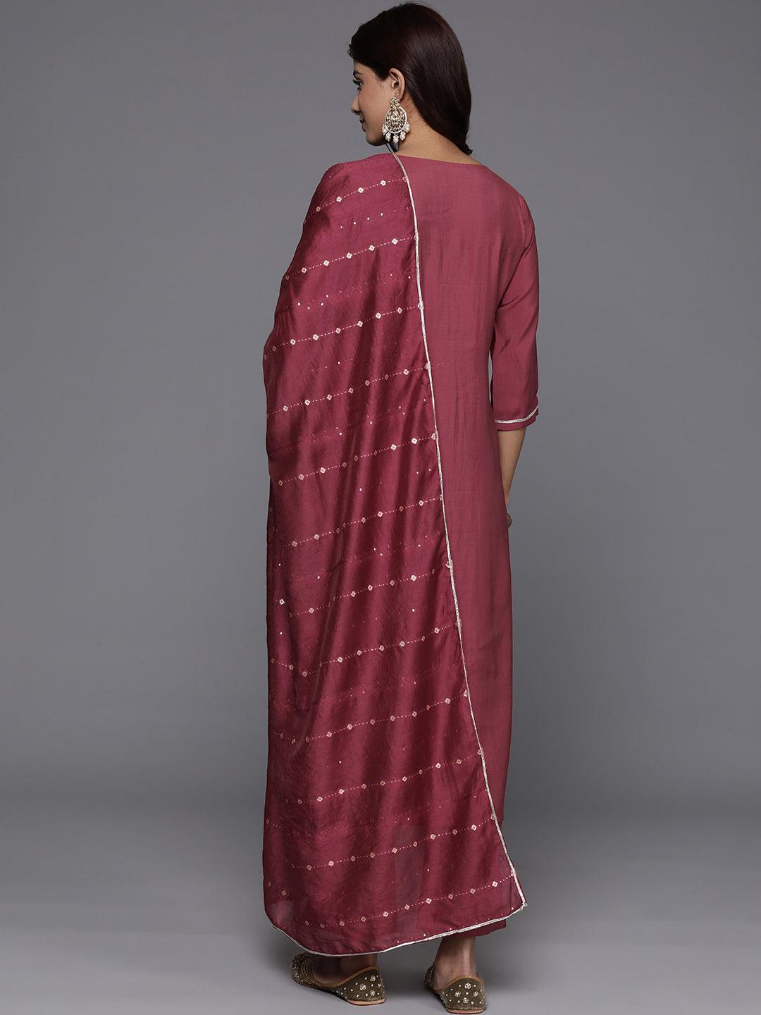 Mauve Yoke Design Silk Blend Straight Kurta With Trousers & Dupatta - Libas