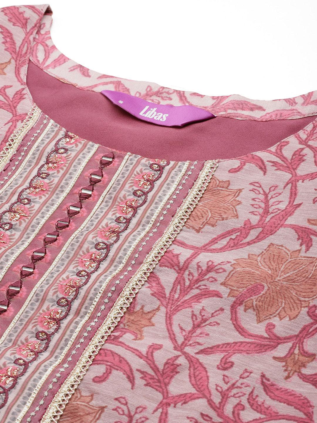 Mauve Yoke Design Silk Blend Straight Kurta With Trousers & Dupatta - Libas 