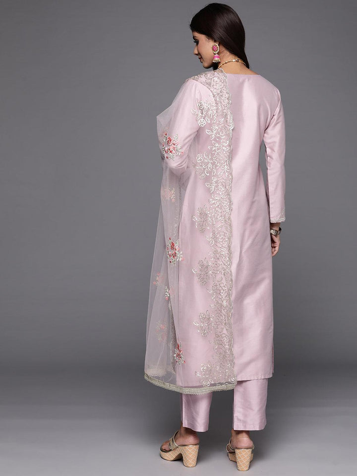 Mauve Yoke Design Silk Blend Straight Kurta With Trousers & Dupatta - Libas