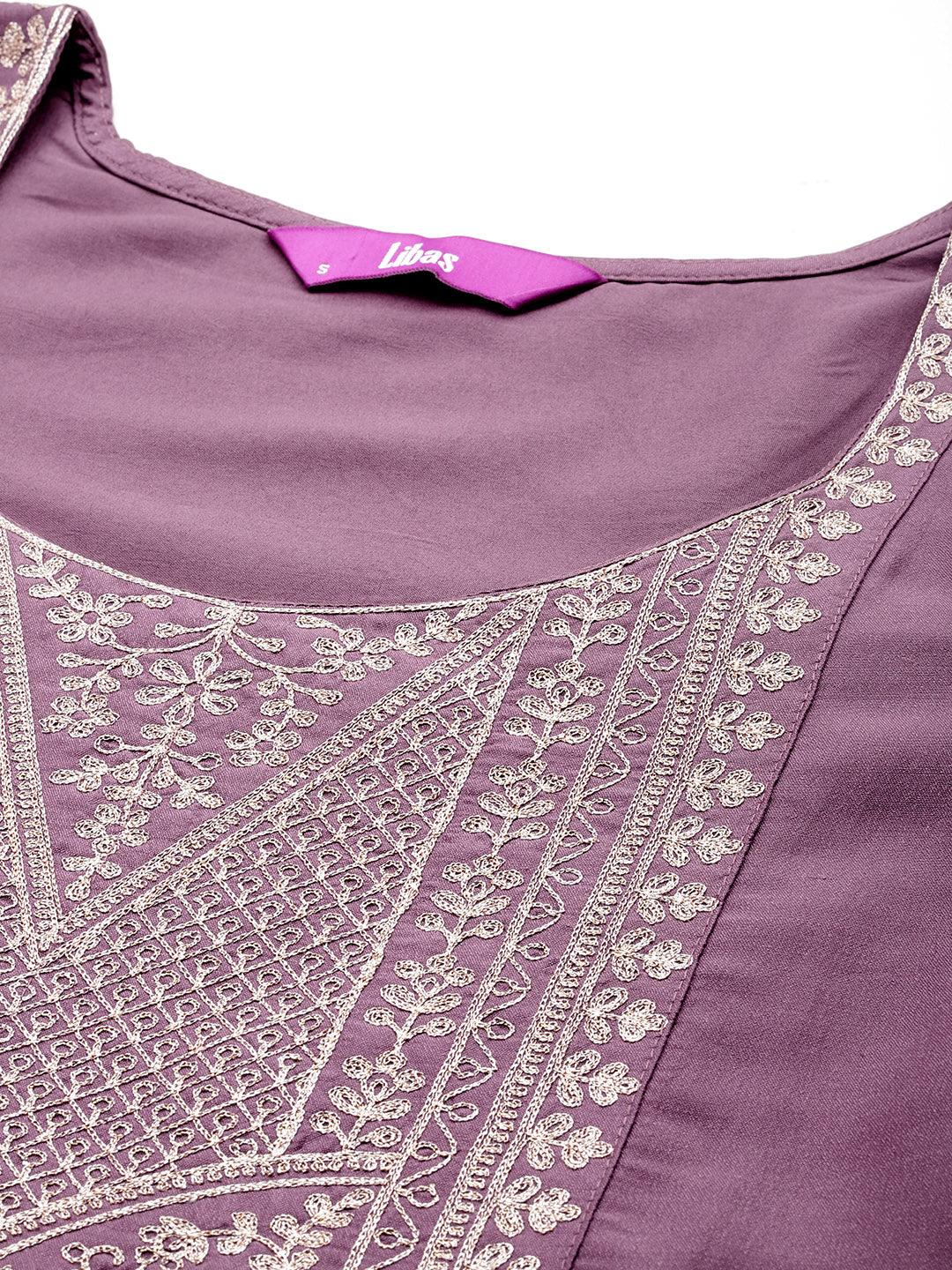 Mauve Yoke Design Silk Blend Straight Suit With Dupatta - Libas