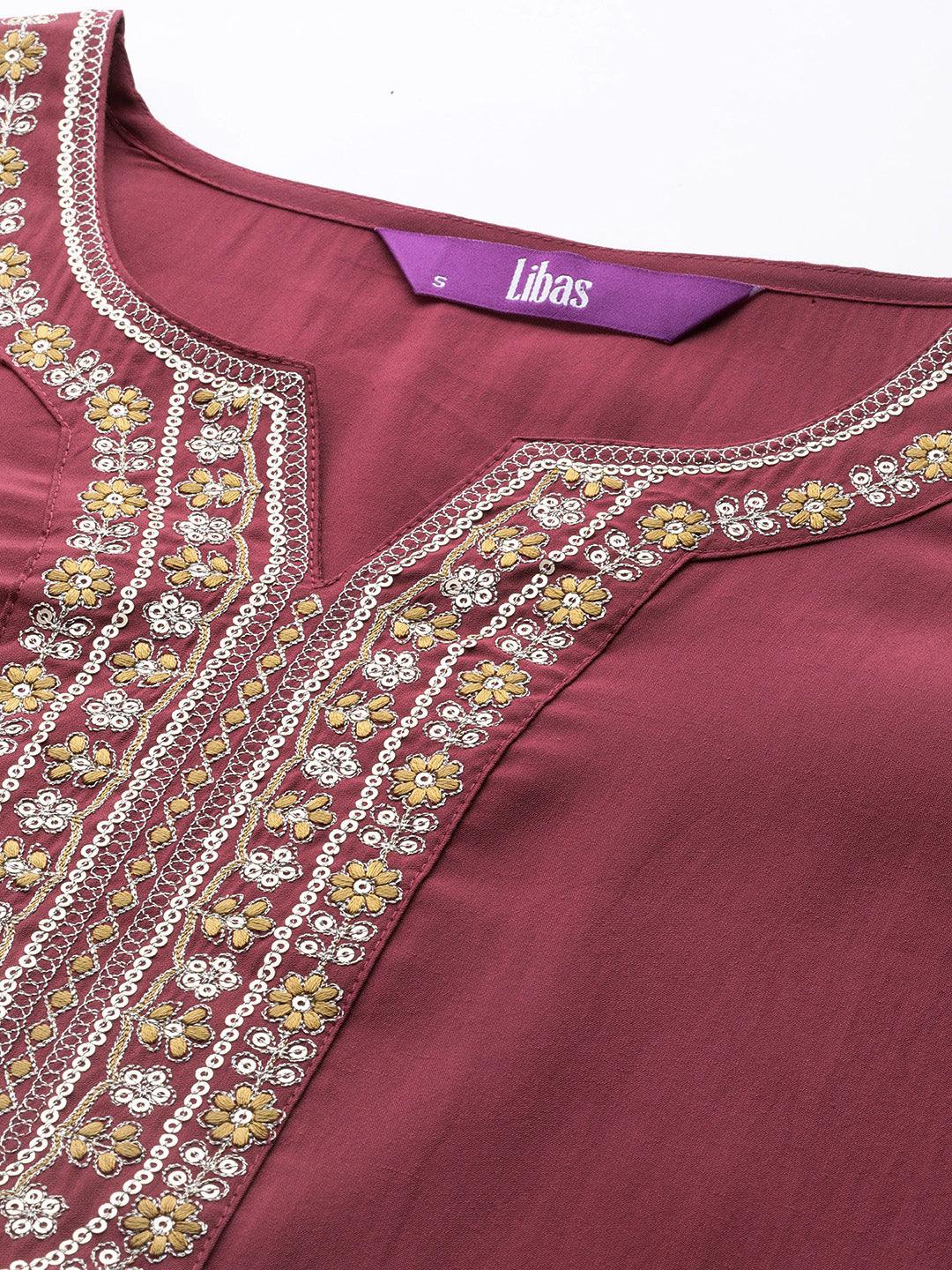 Mauve Yoke Design Silk Blend Straight Kurta With Trousers & Dupatta - Libas