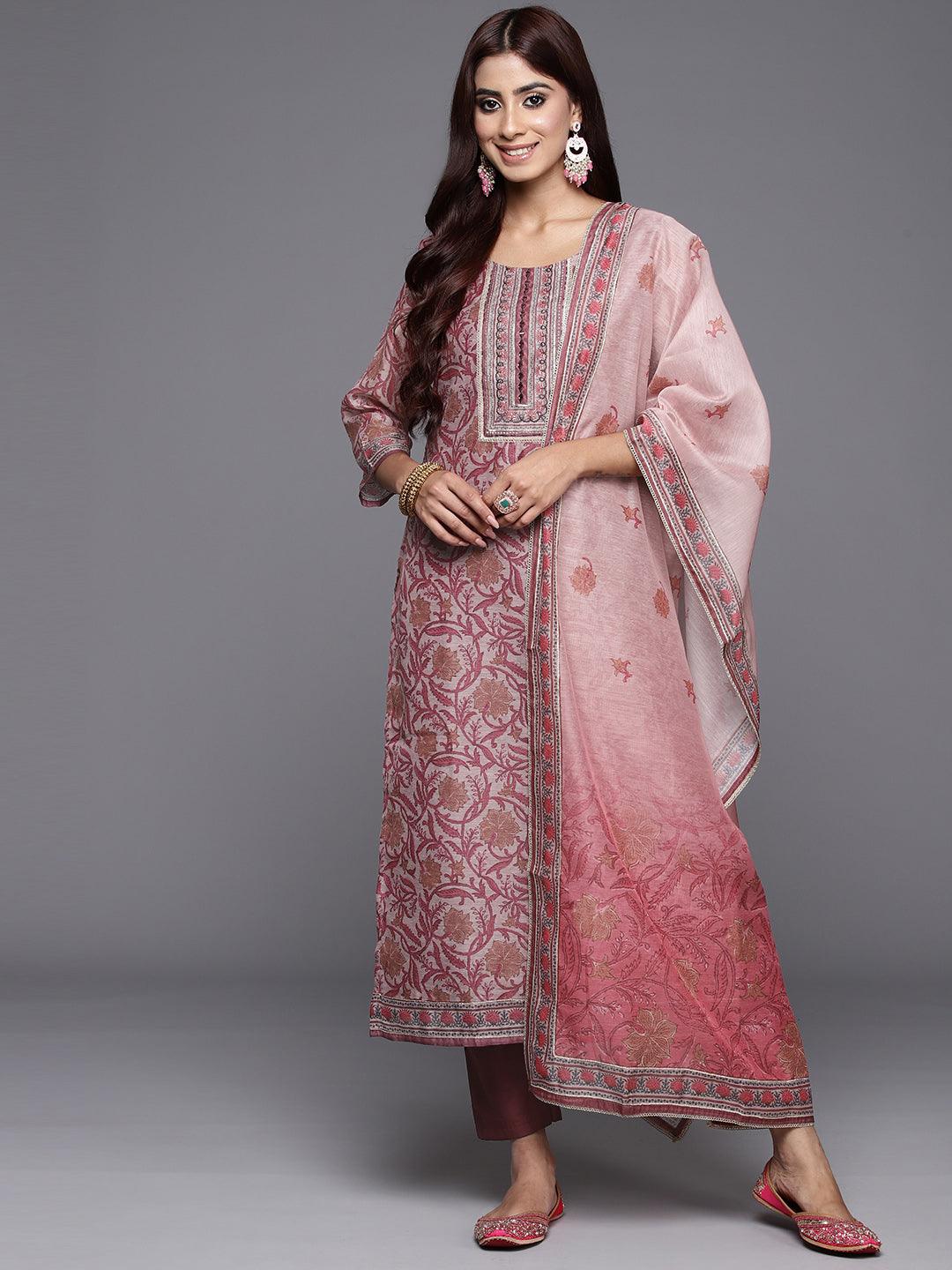 Mauve Yoke Design Silk Blend Straight Kurta With Trousers & Dupatta - Libas 