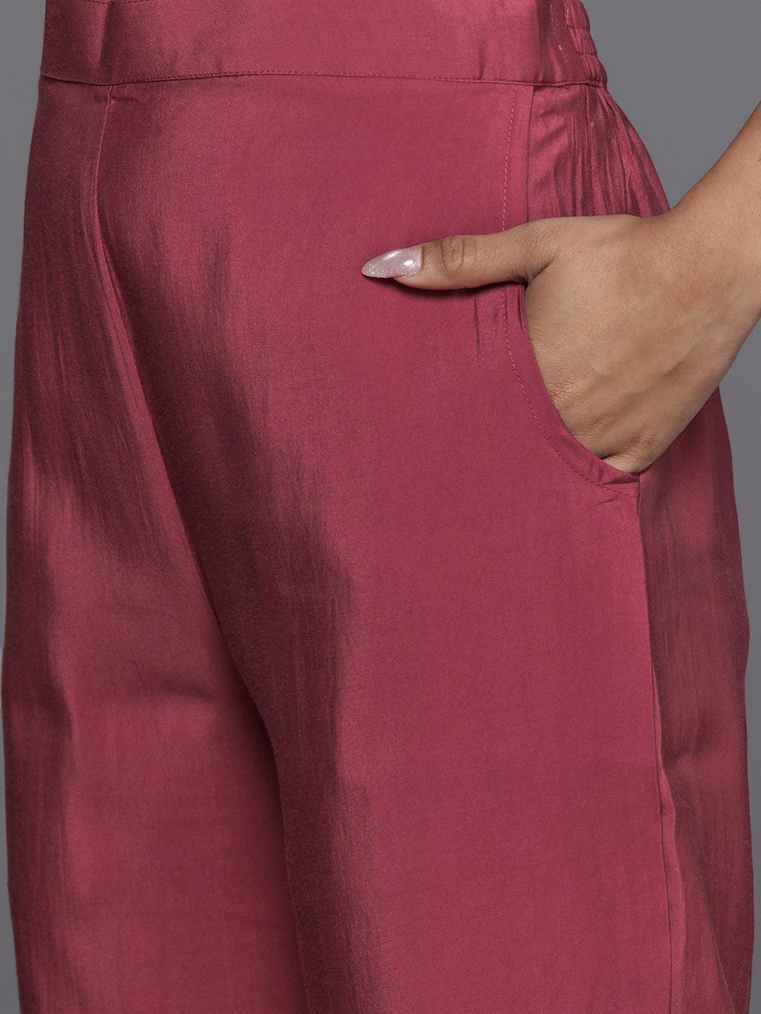 Mauve Yoke Design Silk Blend Straight Kurta With Trousers & Dupatta - Libas