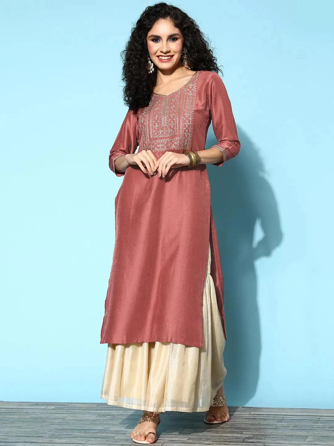 

Mauve Yoke Design Silk Straight Kurta