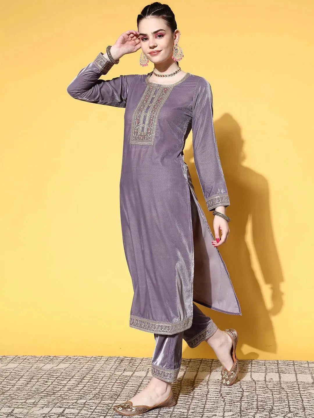 

Mauve Yoke Design Velvet Straight Kurta With Trousers & Dupatta