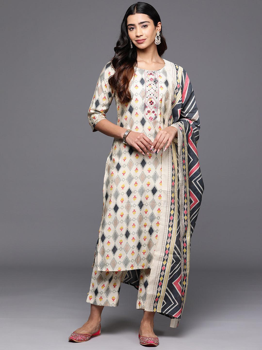 Multi Printed Silk Blend Straight Kurta With Trousers & Dupatta - Libas 