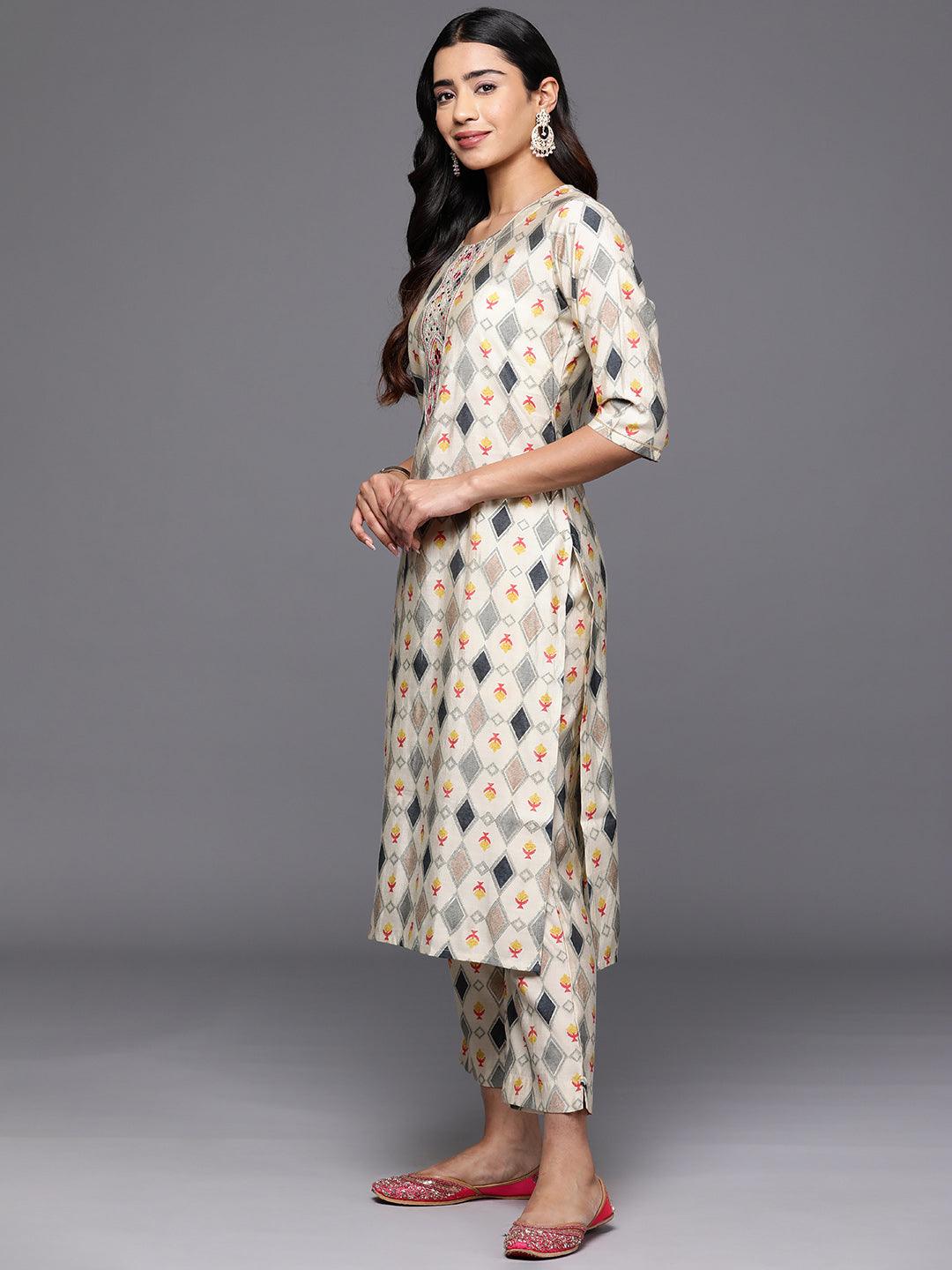 Multi Printed Silk Blend Straight Kurta With Trousers & Dupatta - Libas 