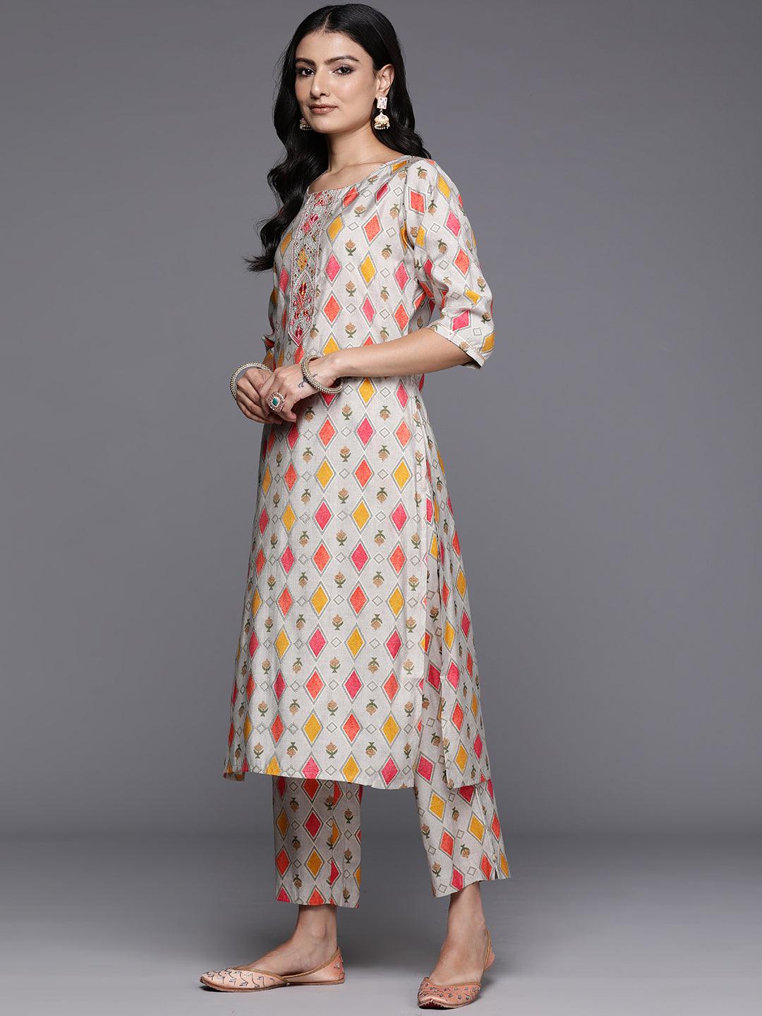 Multi Printed Silk Blend Straight Kurta With Trousers & Dupatta - Libas