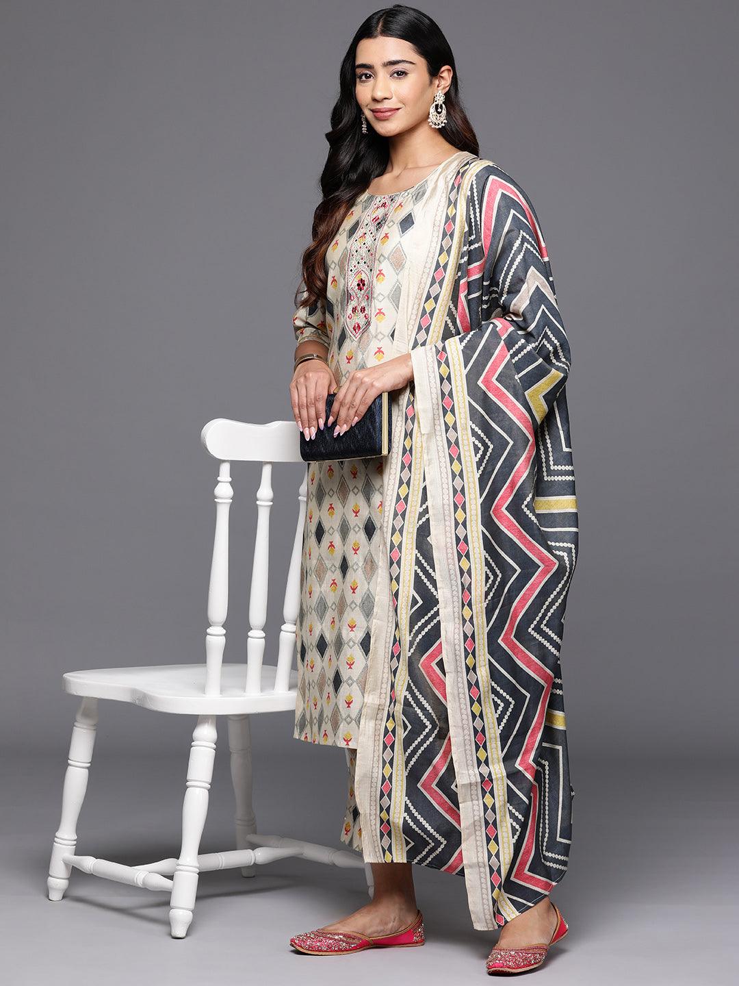 Multi Printed Silk Blend Straight Kurta With Trousers & Dupatta - Libas 