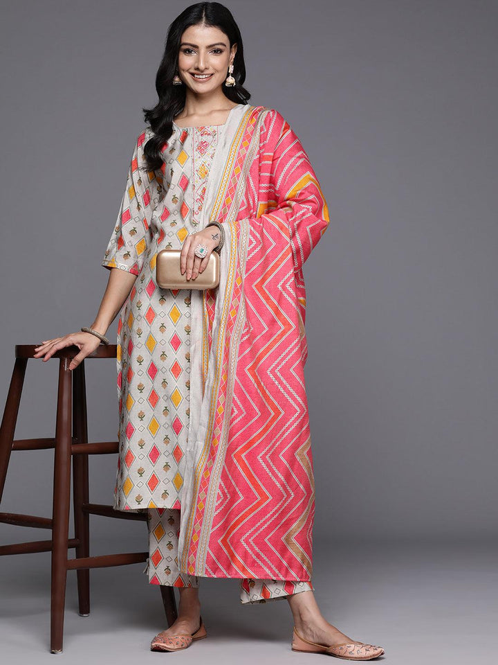 Multi Printed Silk Blend Straight Kurta With Trousers & Dupatta - Libas