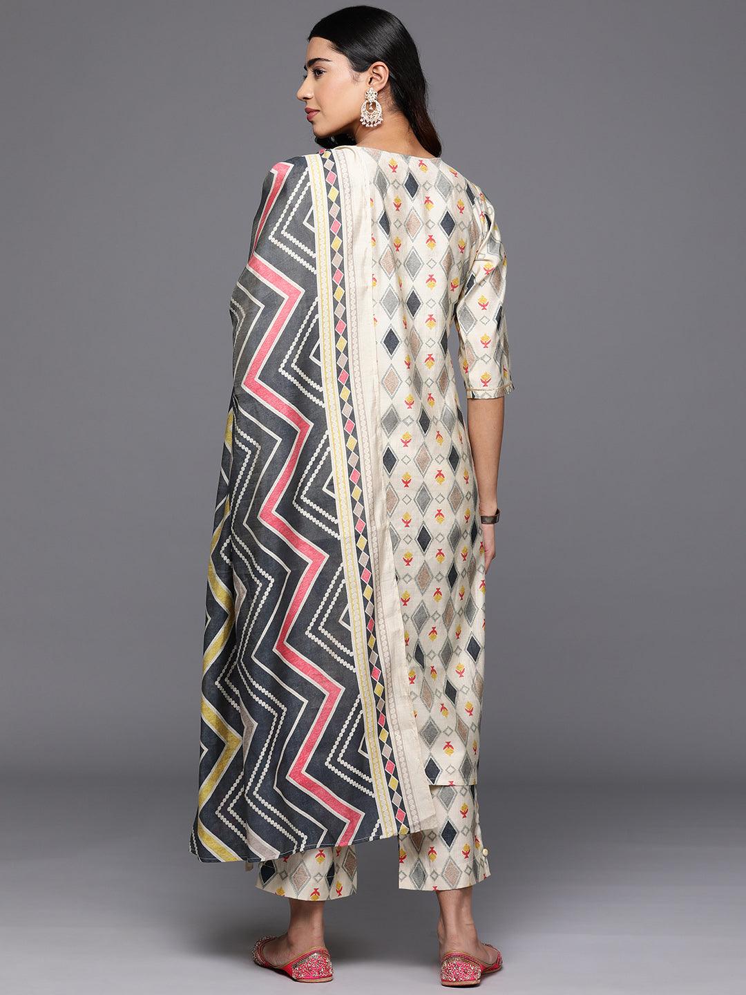 Multi Printed Silk Blend Straight Kurta With Trousers & Dupatta - Libas 