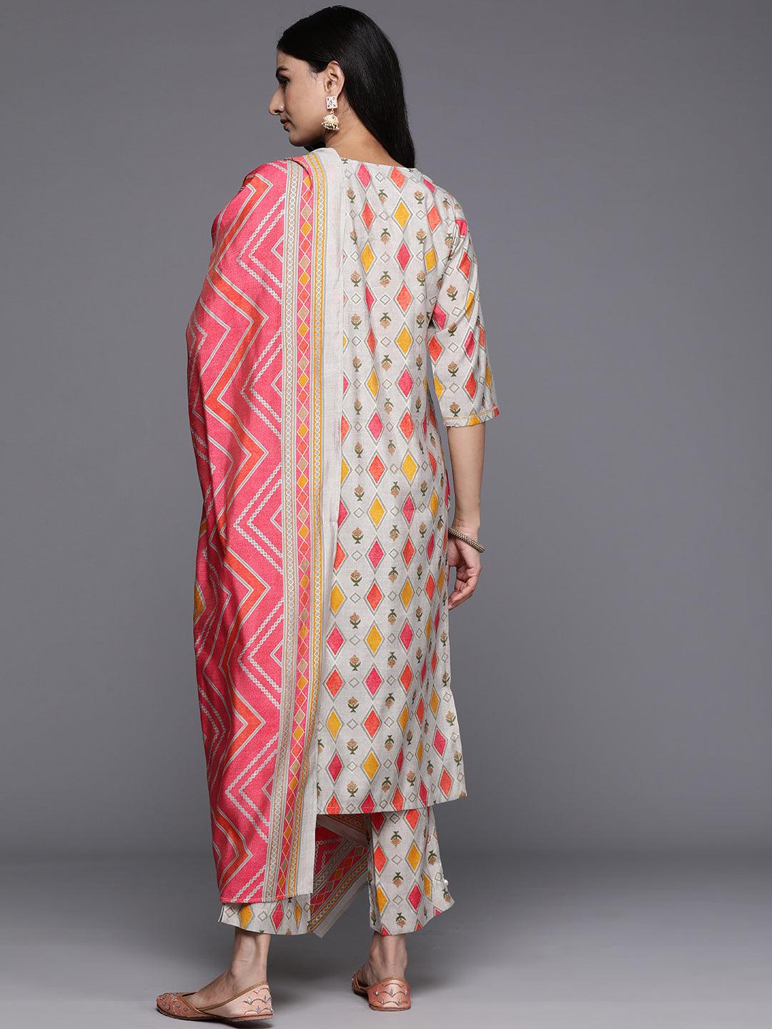 Multi Printed Silk Blend Straight Kurta With Trousers & Dupatta - Libas