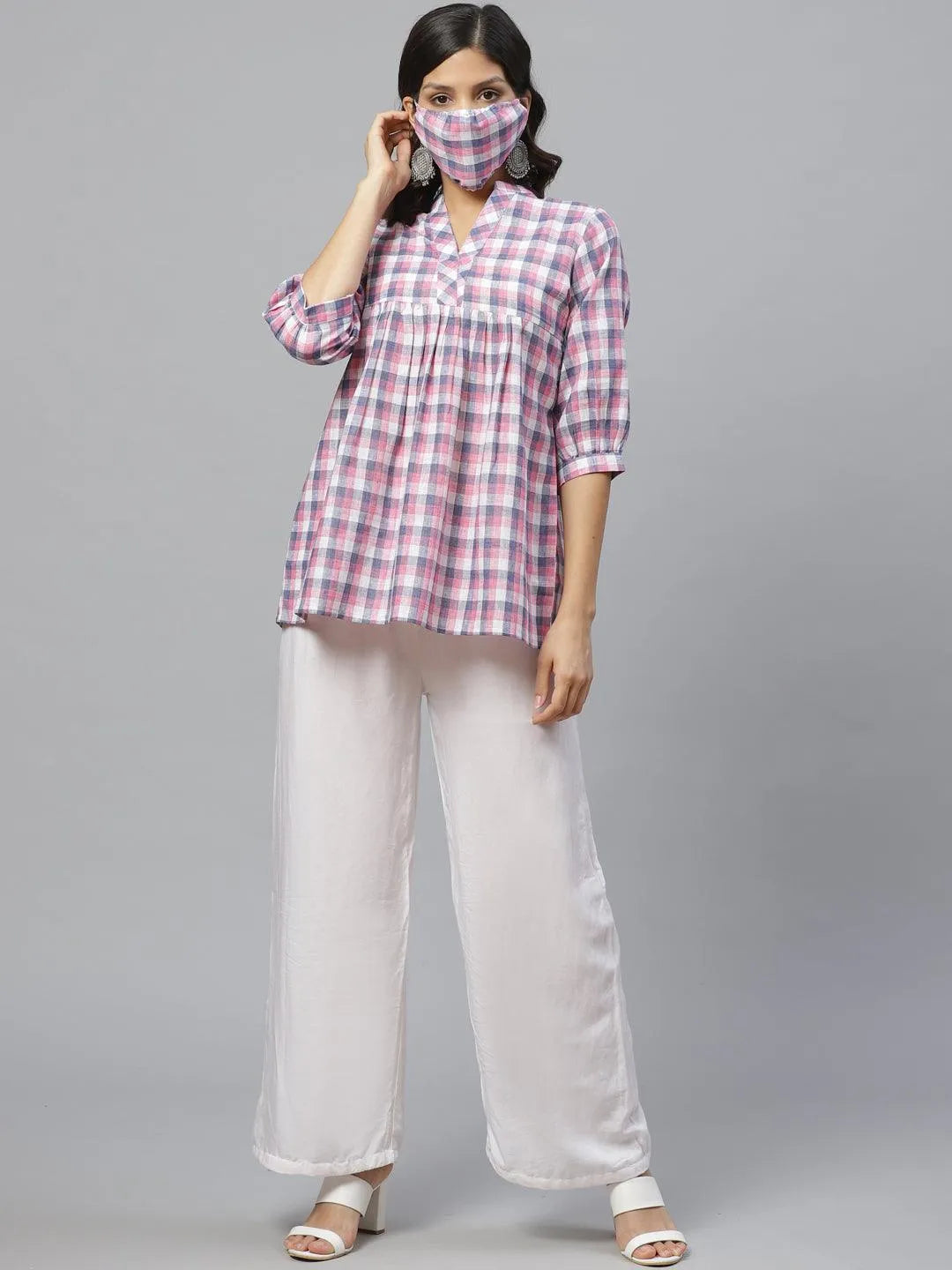 Multicoloured Checkered Cotton Kurti With Mask - Libas