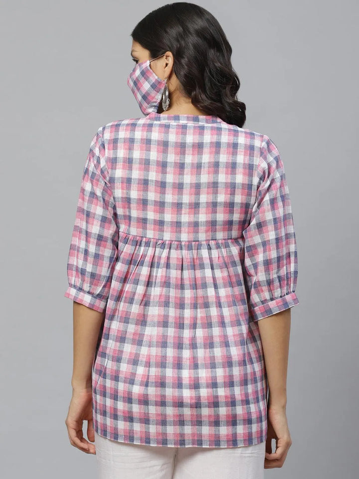 Multicoloured Checkered Cotton Kurti With Mask - Libas