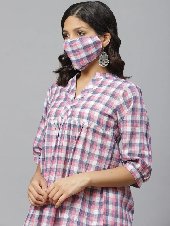 Multicoloured Checkered Cotton Kurti With Mask - Libas