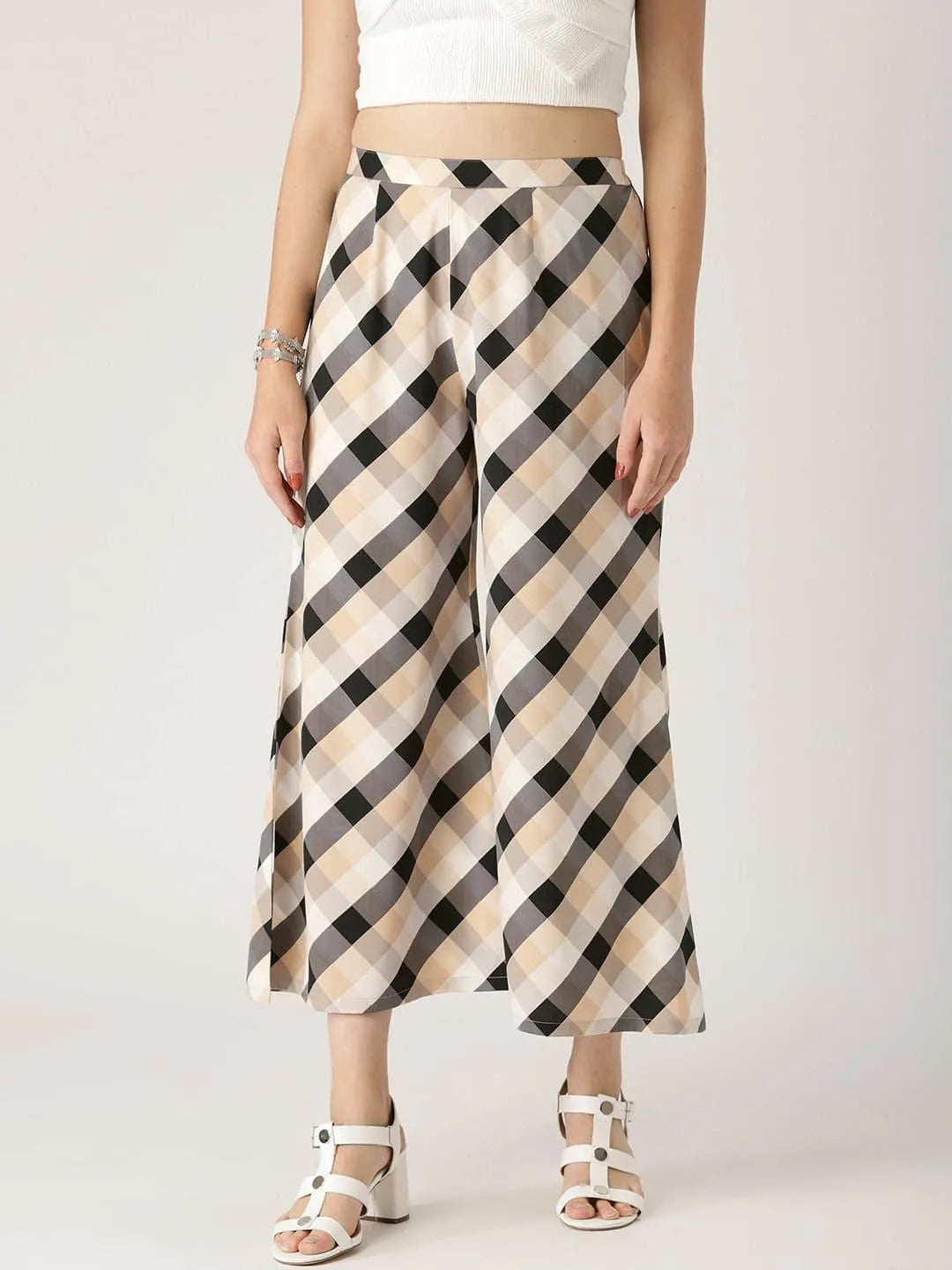 Multicoloured Checkered Crepe Palazzos - Libas 