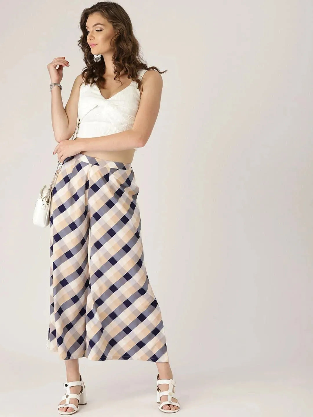 Multicoloured Checkered Crepe Palazzos - Libas 