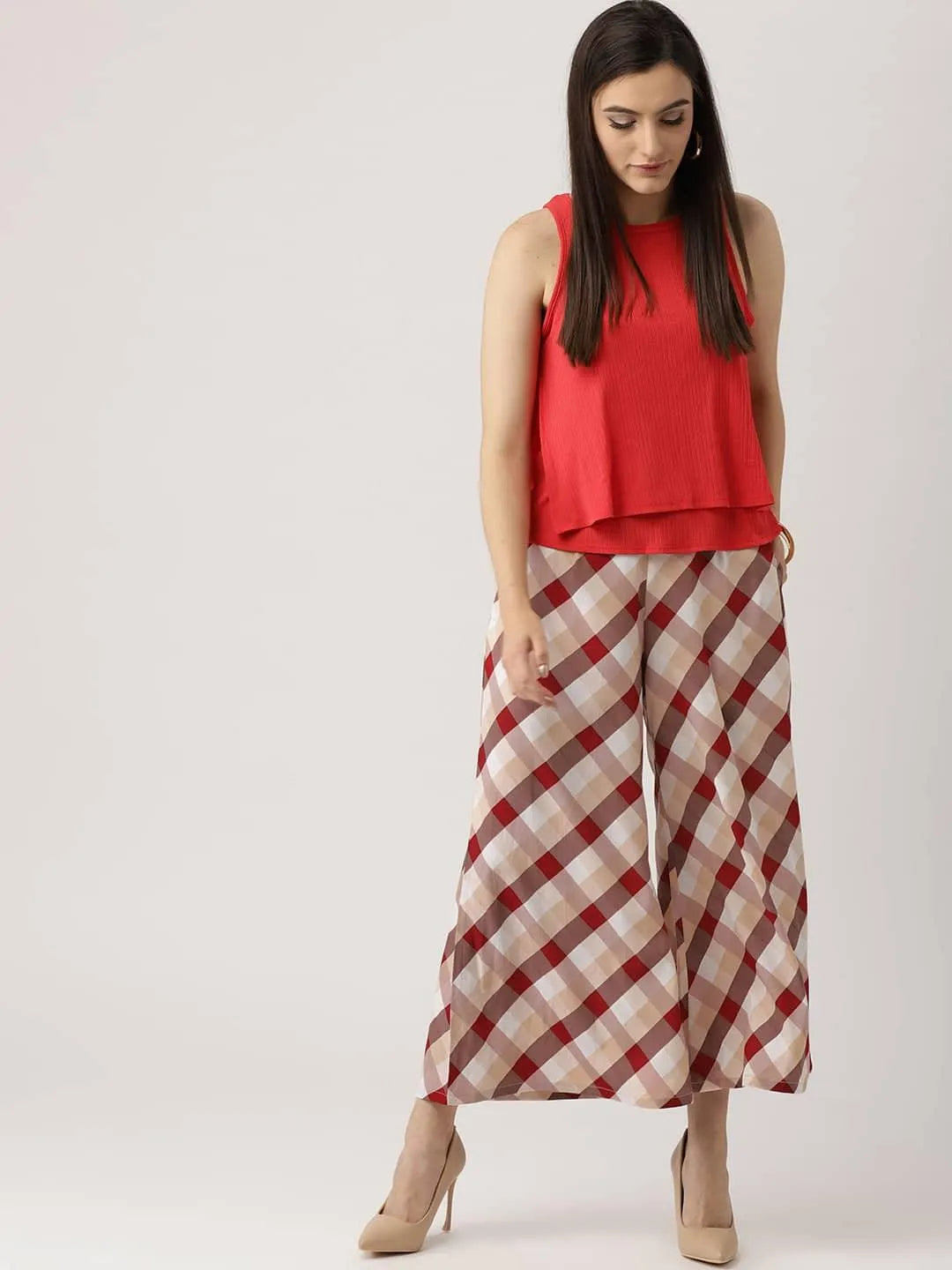 Multicoloured Checkered Crepe Palazzos - Libas 